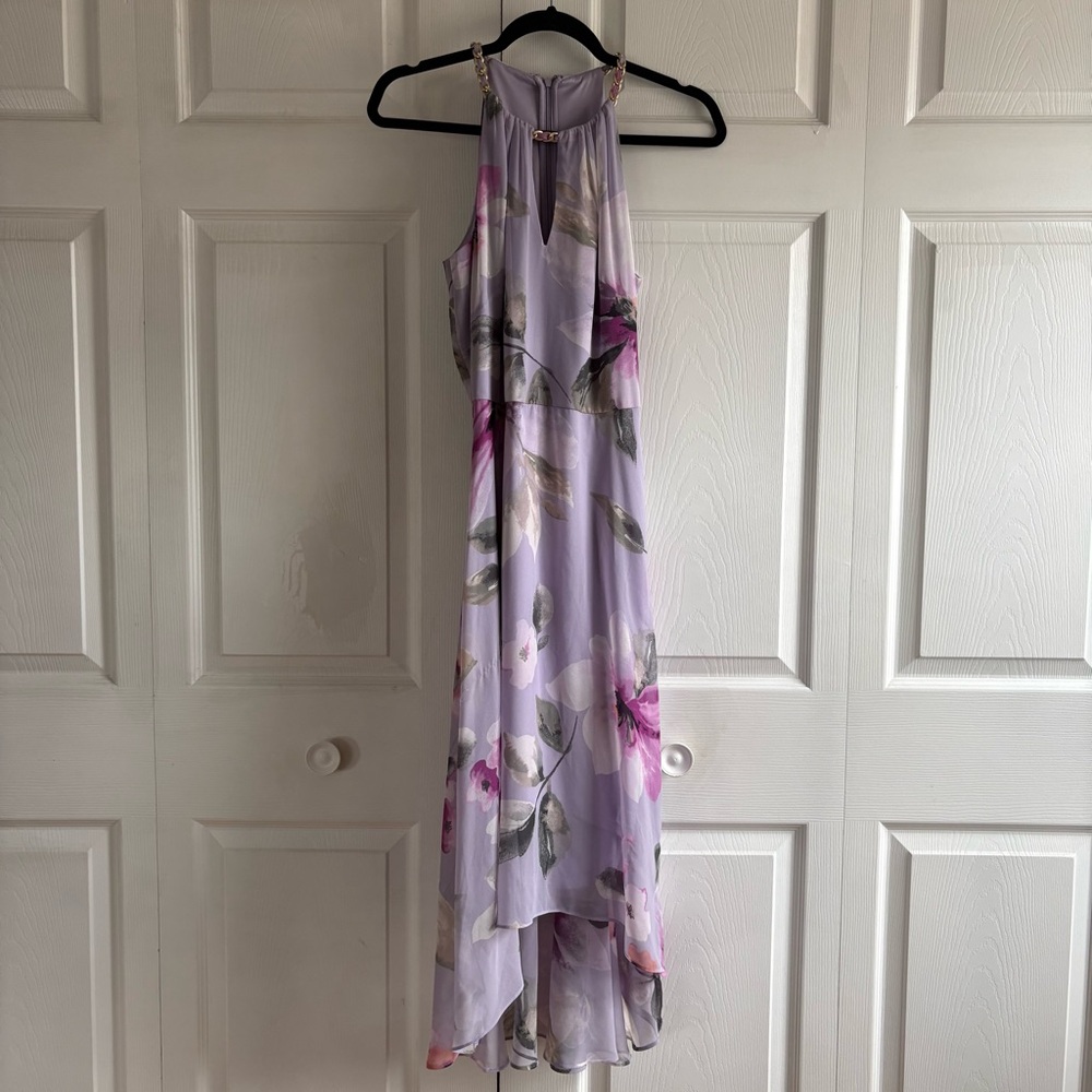 WHBM Purple Floral High Low Dress 0 Cocktail Wedding Guest Bloom Core‎ Cruise